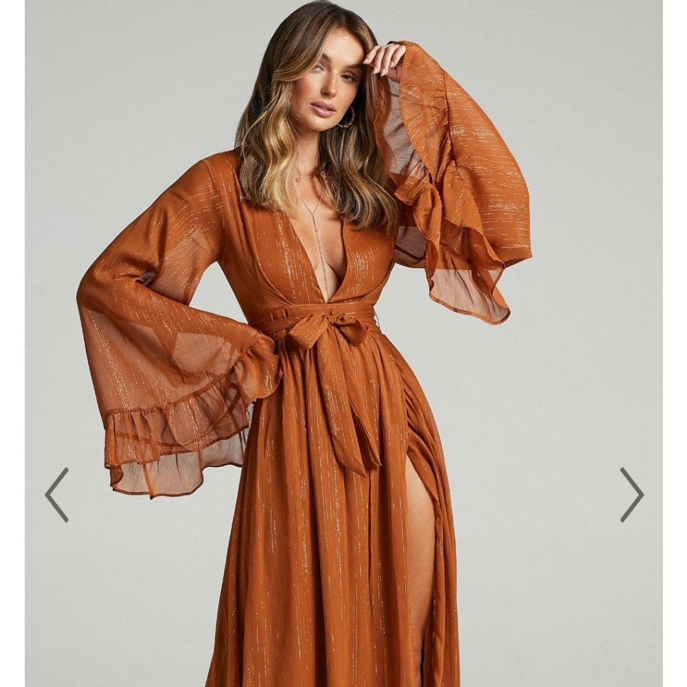 Showpo. Dangerous Woman Rust and Gold boho long dress.